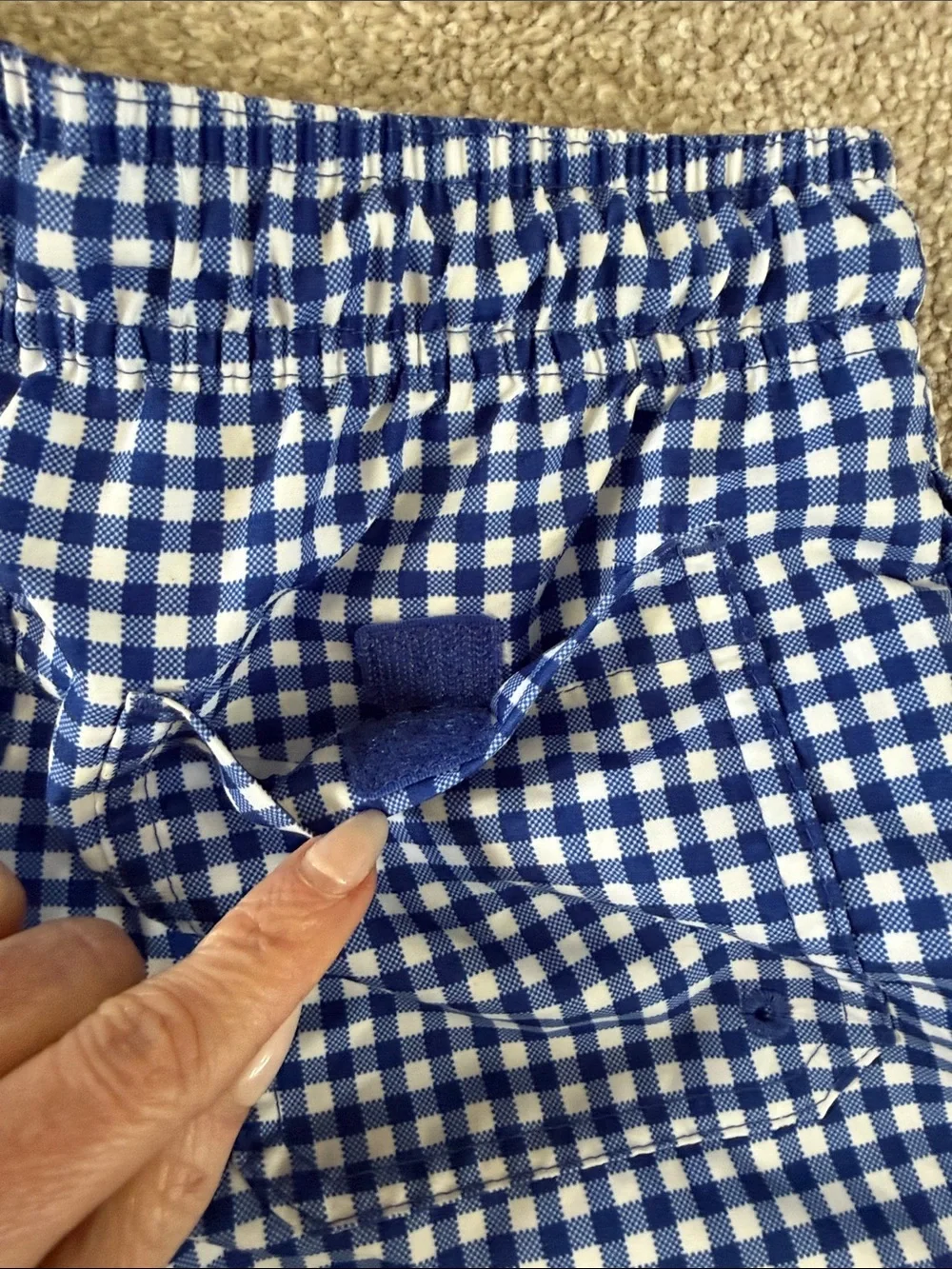 NWT Boys Blue Gingham Swim Shorts with lining and back pocket size small 6/7